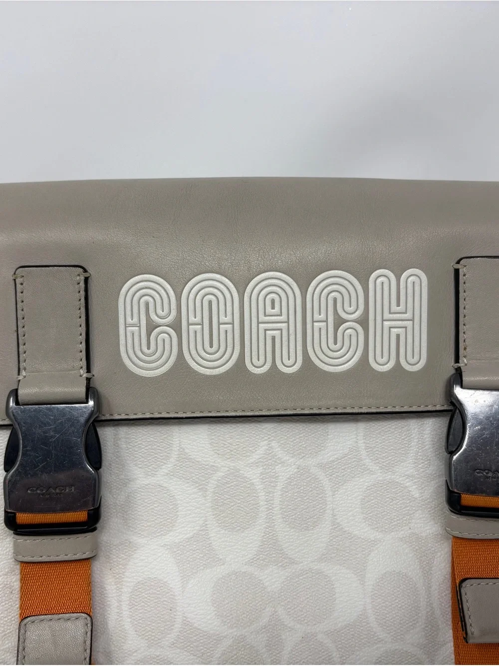 Coach Signature Messenger Crossbody Bag White Gray Orange C8728